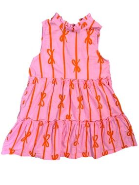 EUC The Oaks Apparel Co. Pink & Orange Bow Print ruffle Tier & collar Dress 6y